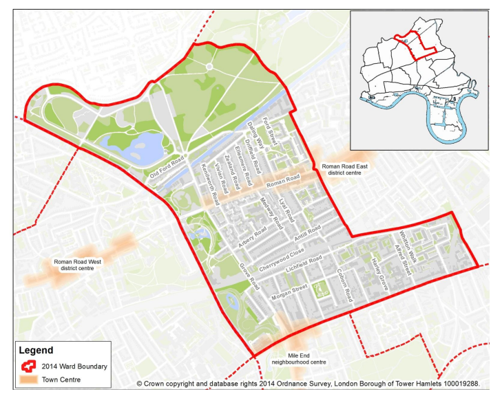 Map of the Bow West ward boundary in Tower Hamlets, including Roman Road, Old Ford Road and Mile End