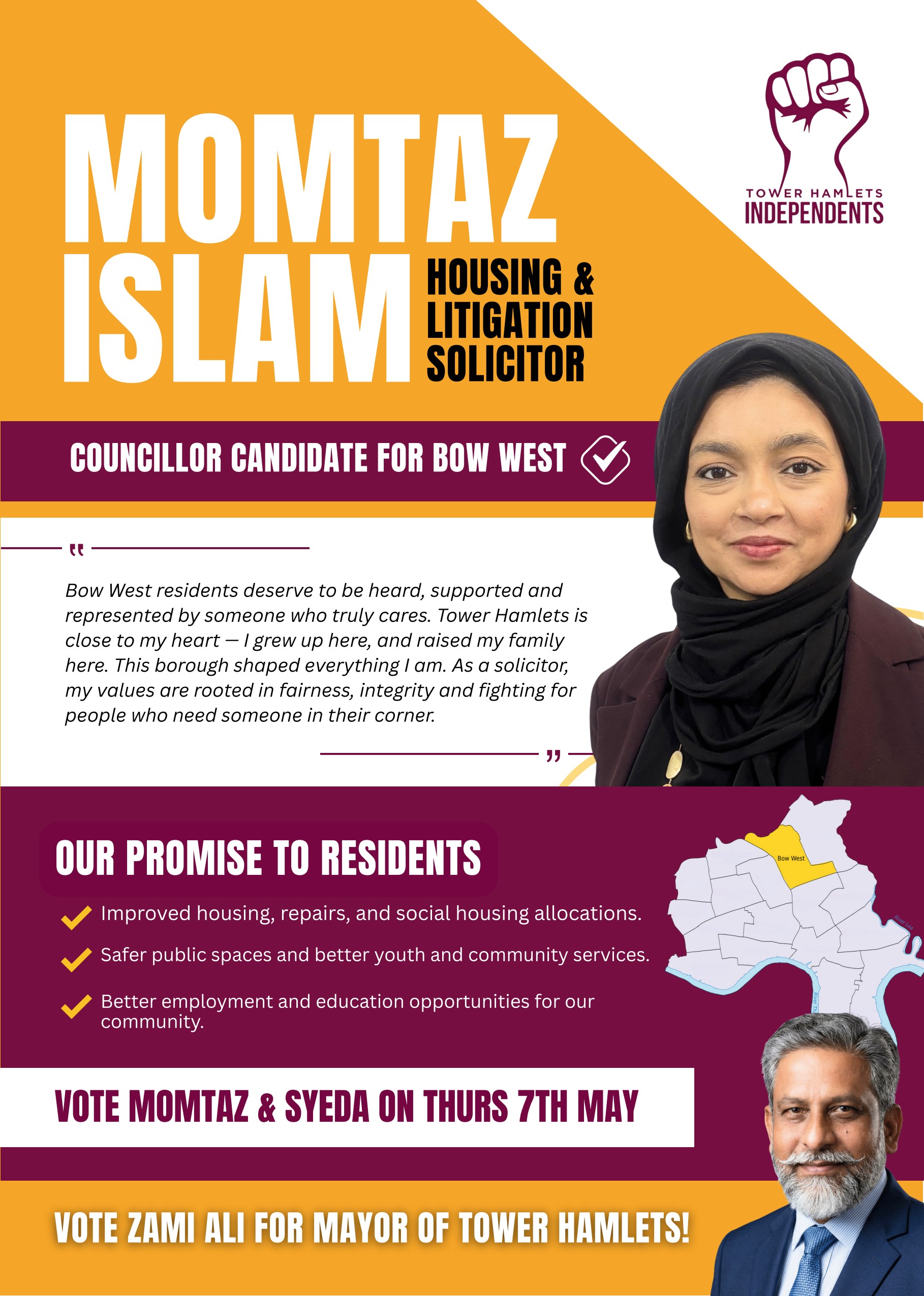 Campaign leaflet — front page featuring Momtaz Islam